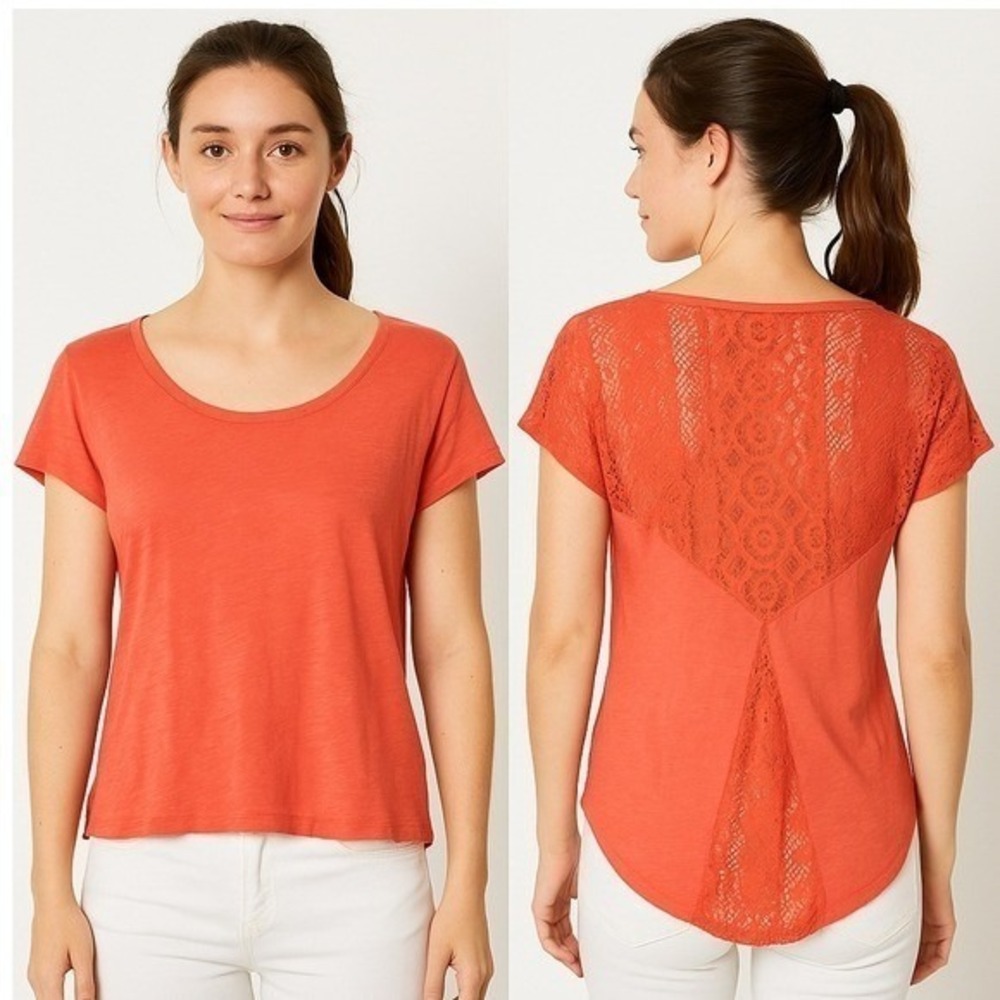 Feminine Orange Lace SS T-Shirt Hi-Low Hem Flirty Summer Vibes Women Small
